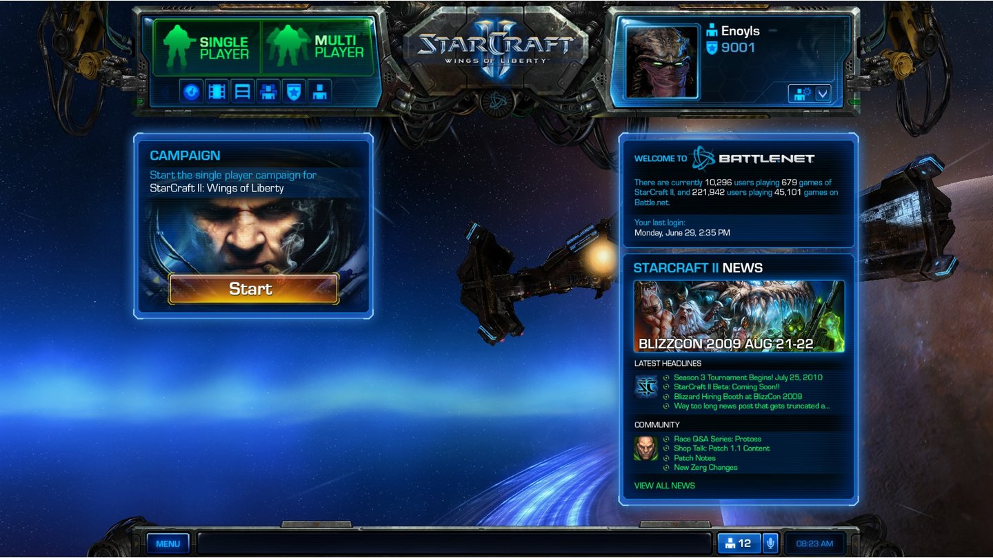 Battle.netDas Dashboard von StarCraft 2. Hier sehen Sie neueste Blizzard-Nachrichten, können auf die Freundesliste zugreifen oder direkt die Kampagne starten.