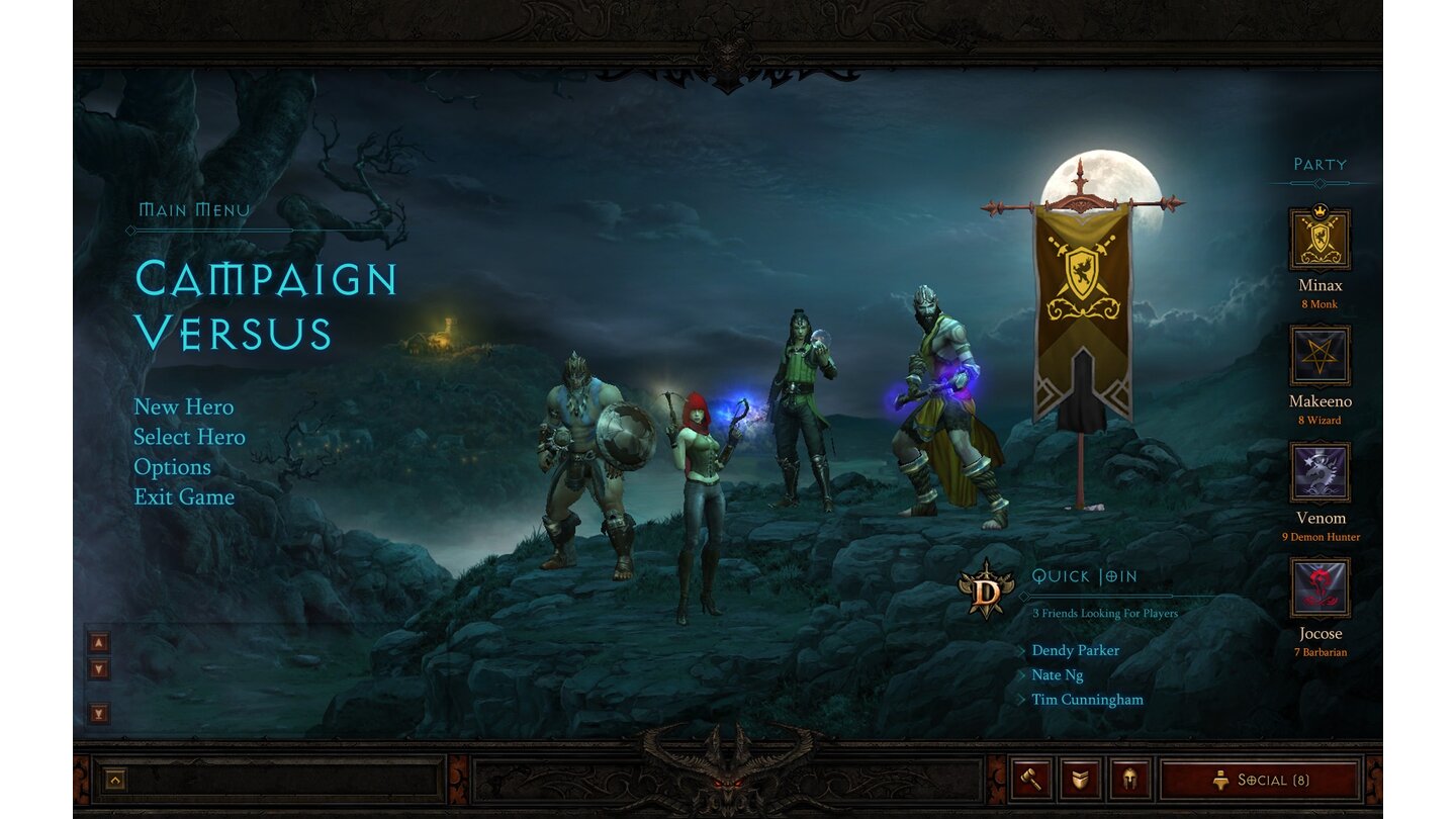 Diablo 3 InterfaceDas Kampagnen-Hauptmenü in der Vier-Spieler-Variante