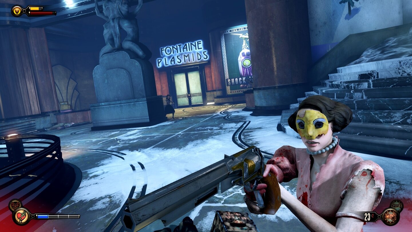 BioShock Infinite - Burial at SeaBioshock und Bioshock Infinite vereint: Während wir uns mit der Dame im Vordergrund beschäftigen, unterstützt uns Elizabeth aus der Deckung heraus.