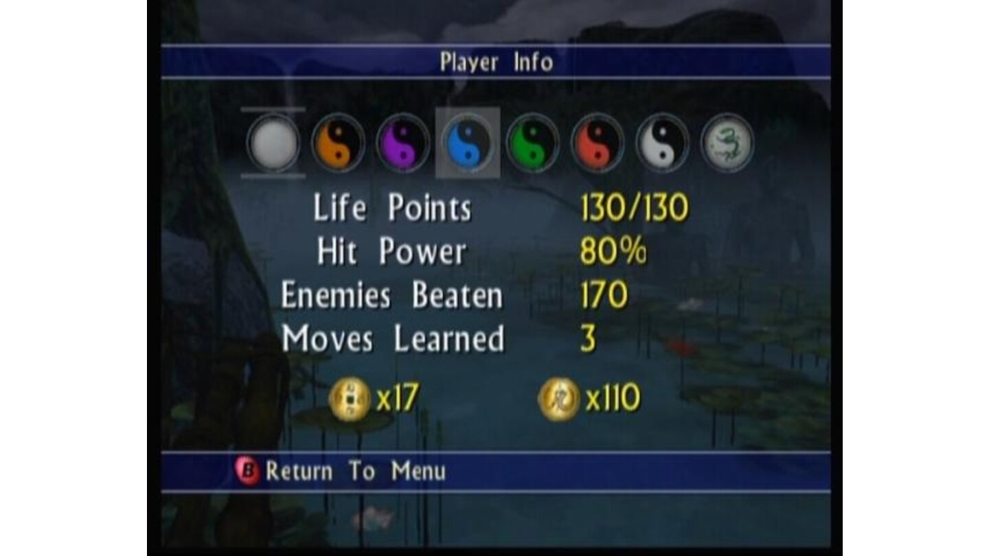 Player info screen shows your current hit power and health which are upgradable