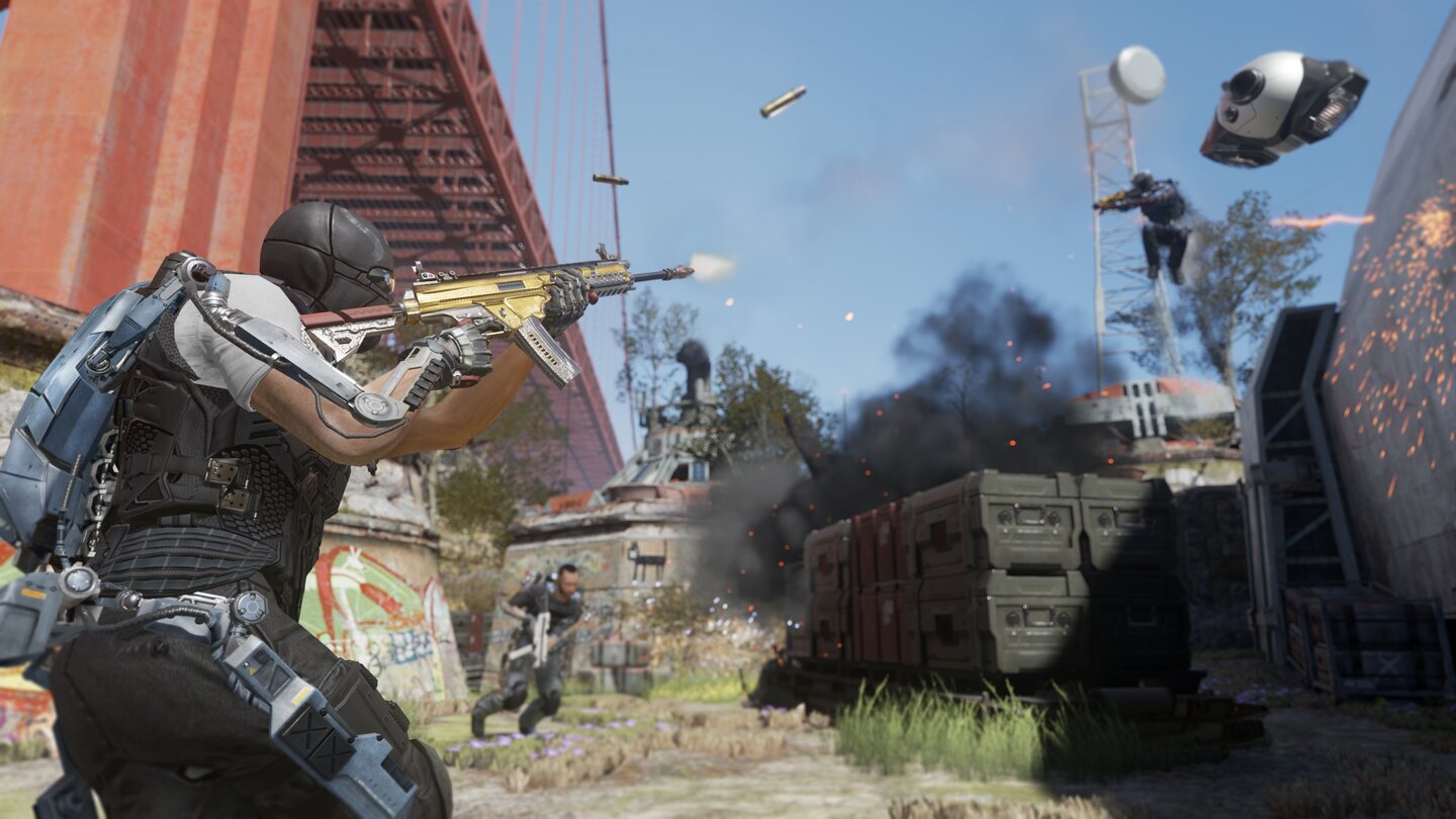 Call of Duty: Advanced Warfare - Multiplayer-ScreenshotAuf der Karte »Defender« schwappt nach einiger Zeit eine riesige Tsunami-Welle über Teile der Karte. Sehr cool – beim ersten Mal und wenn man nicht zu genau hinschaut.