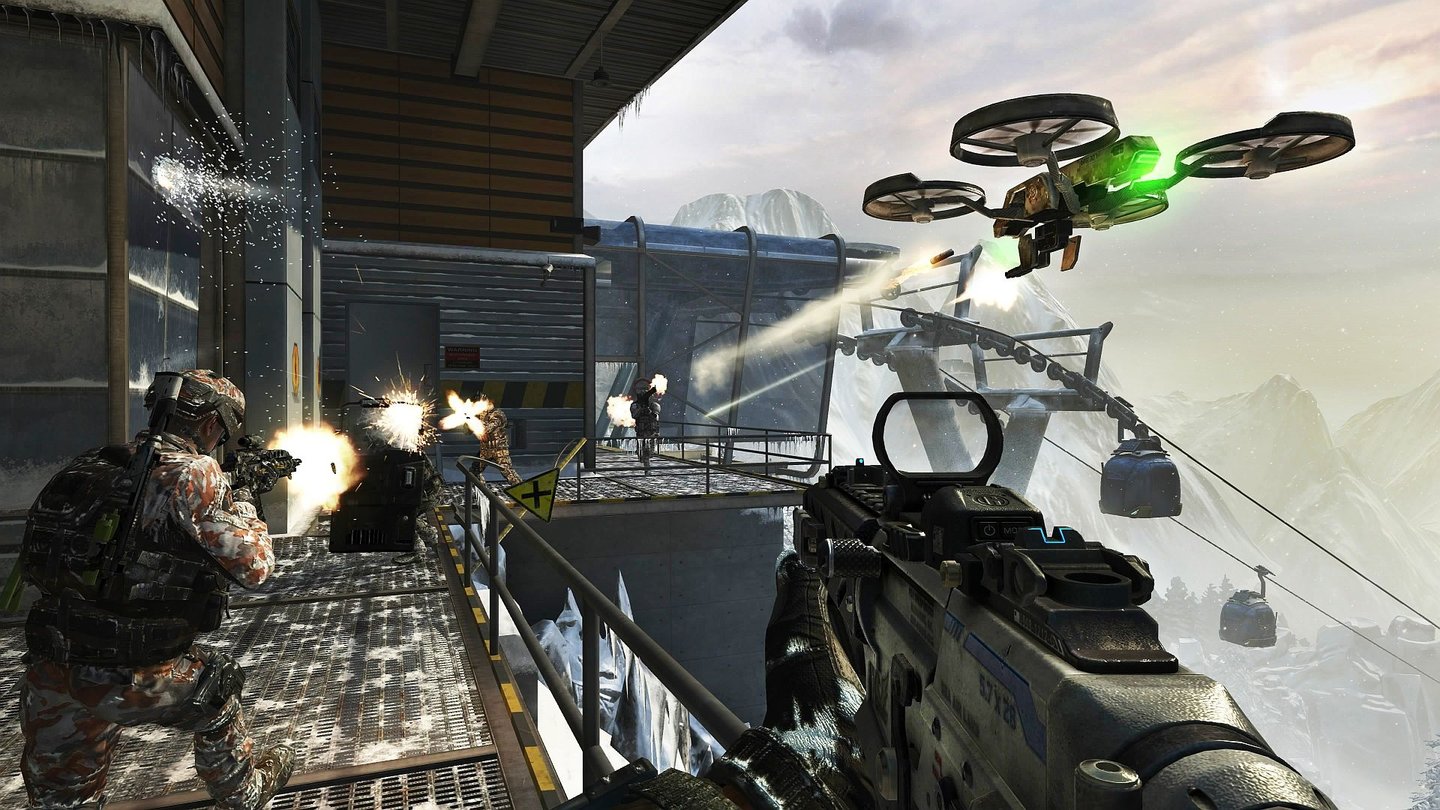Call of Duty: Black Ops 2 - Revolution-DLCDie Berggondel-Station ist ein zentraler Kampfplatz auf der Map Downhill.
