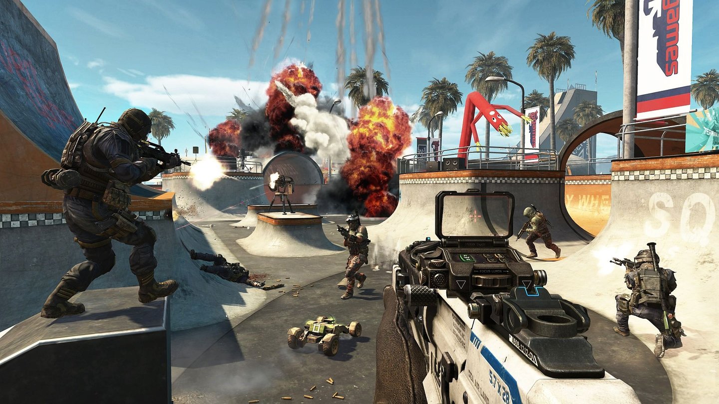 Call of Duty: Black Ops 2 - Revolution-DLCDie Rampen und Rähren auf der Map Grind geben nur wenig Möglichkeit, Deckung zu suchen.