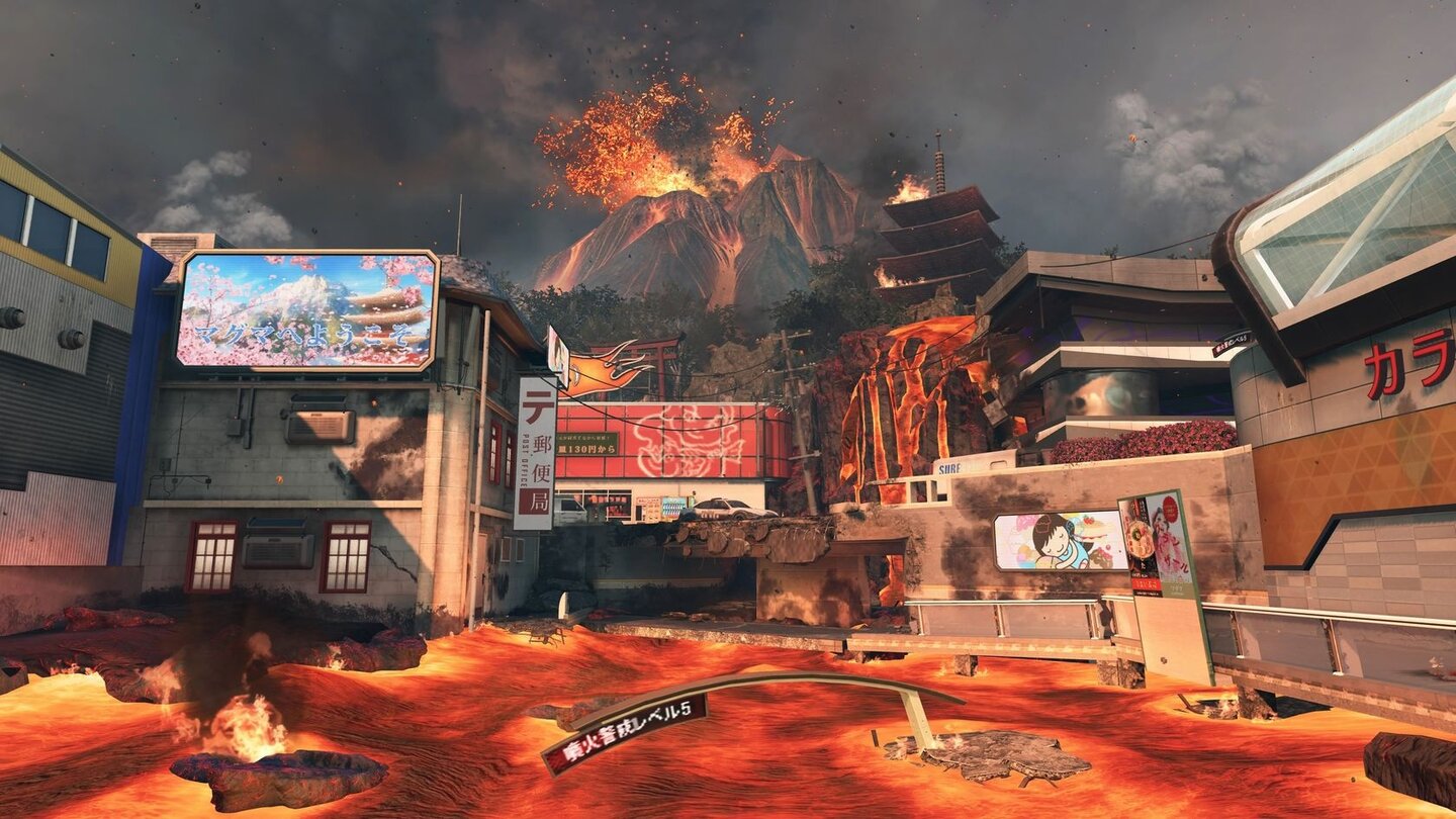 Black Ops 2 - UprisingMagma spielt in einem japanischen Dorf, das von einem Vulkanausbruch heimgesucht wurde. Das geschmolzene Gestein führt bei Berührung zum sofortigem Tod.