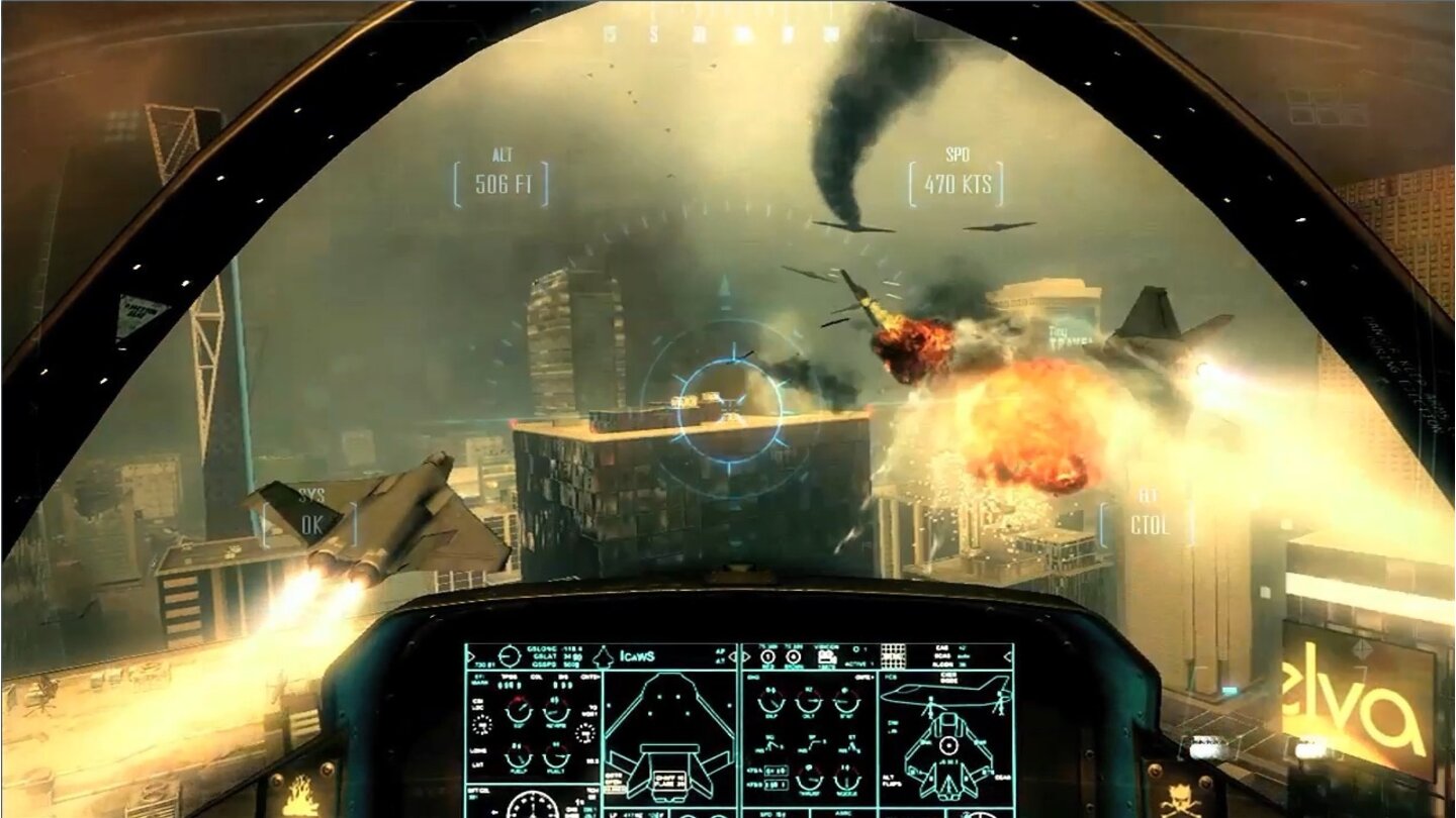 Call of Duty: Black Ops 2Steuerbarer Jet aus der Innenansicht. Wir zielen und schießen nicht nur, sondern steuern auch das Flugzeug. Wir haben die Auswahl aus MG-Feuer und Raketen.