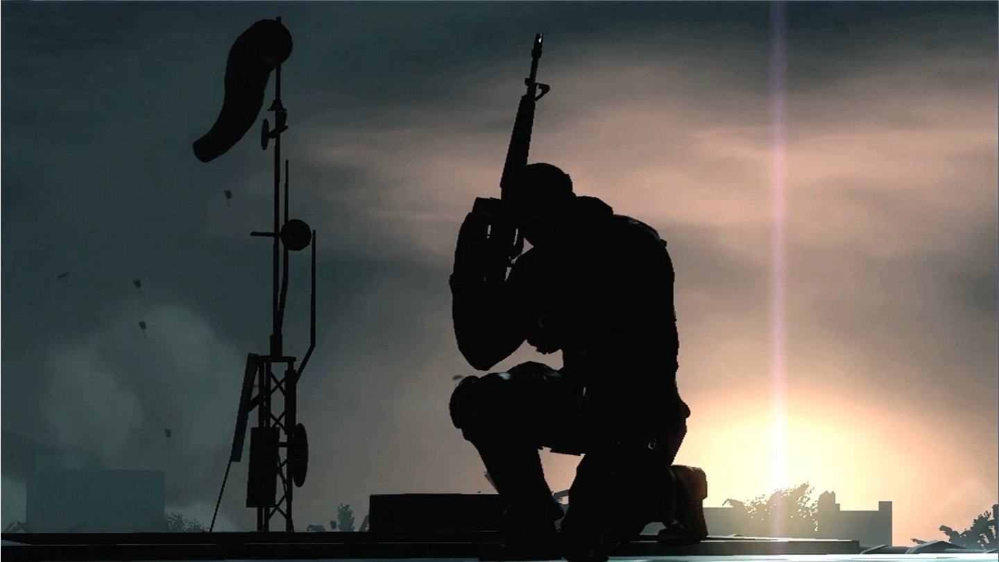 Call of Duty: Black Ops 2Schaut man genau hin und vergleicht das Schattenbild mit gängigen Waffen, so könnte es sich bei der hier gezeigten Wumme um eine M4 Carbine handeln. Dass im Hintergrund Fallschirme zu sehen sind und keine Drohnen lässt annehmen, dass es sich hierbei um die zweite Zeitzone Ende der 80er handelt. Auf der anderen Seite: Die M4 Carbine ist laut Wikipedia erst seit 1994 im Einsatz.