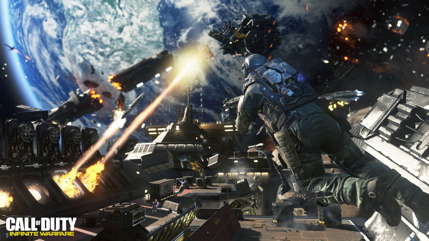 Call of Duty: Infinite WarfareMit dem Sci-Fi-Setting kehren auch die Raumschlachten aus Ghosts in futuristischer Form zurück. Spieler bewegen sich per Greifhaken in der Schwerelosigkeit fort.