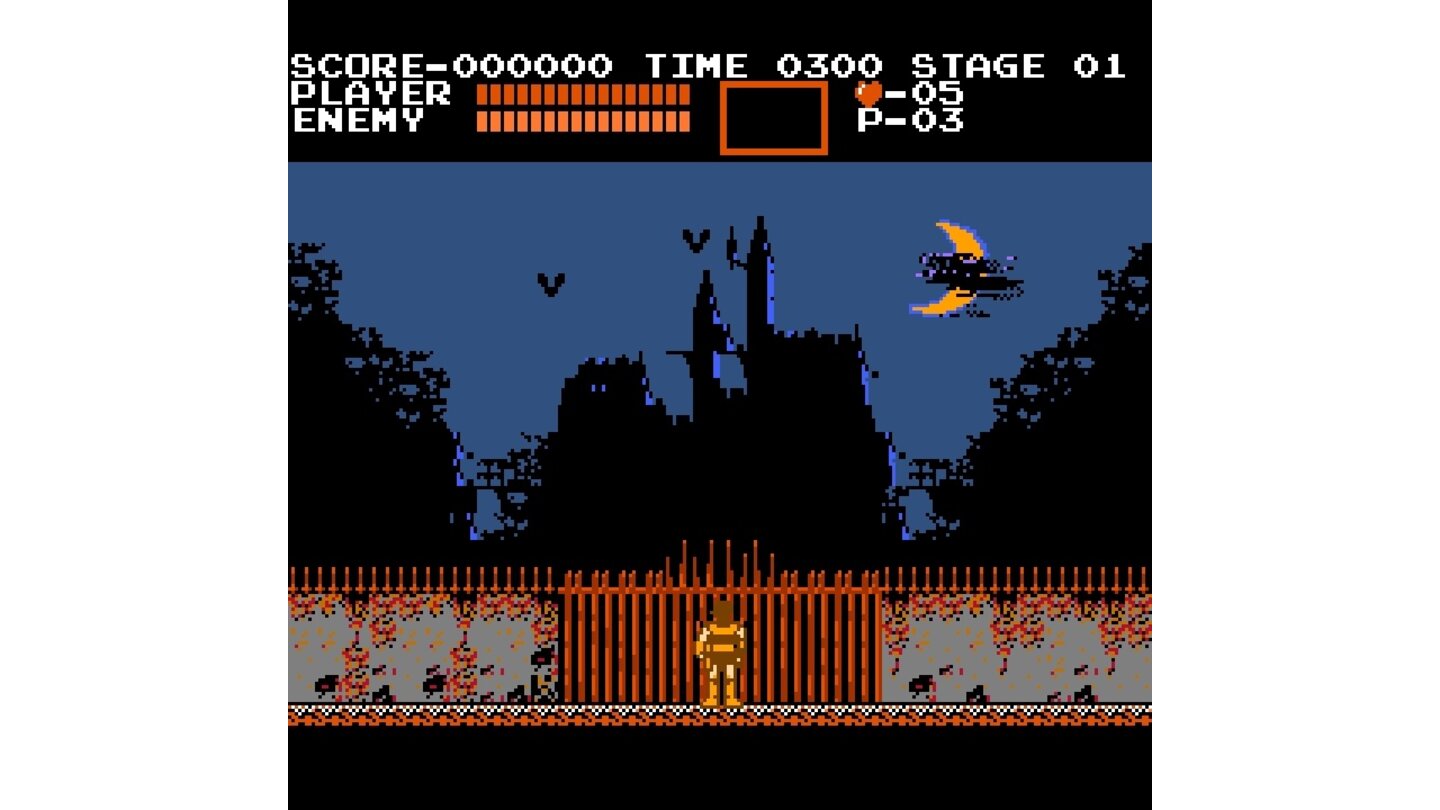 Castlevania - NES-ScreenshotsNur acht Sekunden dauert das atmosphärische Intro von Simon Belmonts Abenteuer. Im 8-Bit-Zeitalter wirkt es dennoch Wunder: Auf und vor der Röhre herrscht Gruselstimmung.