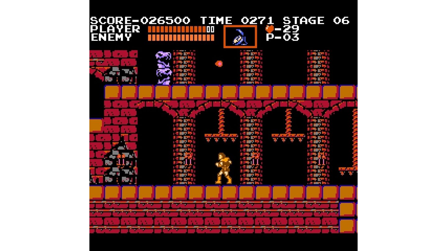Castlevania - NES-ScreenshotsDraculas Schloss ist gespickt mit Fallen. Diese Stachel-Stampfer sind bei einer Berührung tödlich. Nur mit viel Geduld und guten Nerven gelangt der Held in den nächsten Abschnitt.