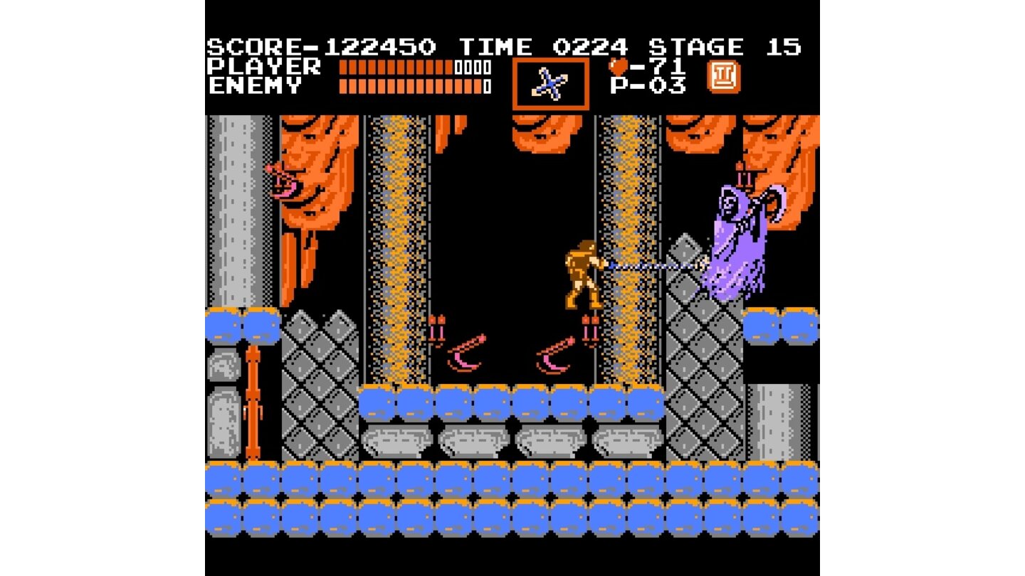 Castlevania - NES-ScreenshotsDer Kampf gegen den »Grim Reaper« ist die wohl schwierigste Stelle im Spiel. Nerven wie Drahtseile sind nötig, sonst fliegt der Controller.