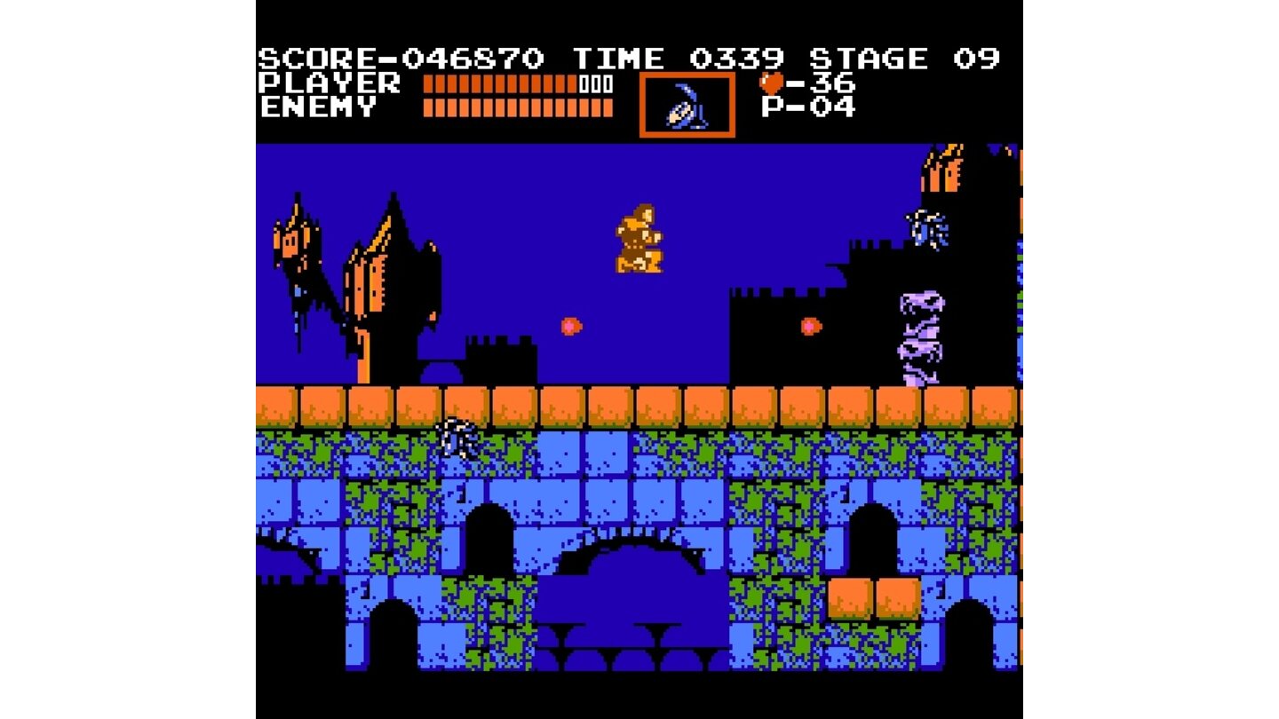 Castlevania - NES-ScreenshotsMedusen-Köpfe fliegen, Drachenköpfe spucken Feuerbälle – an manchen Stellen hilft nur noch ausweichen. Dabei ist Simon in der Luft so unbeweglich wie ein im Bogen geworfener Stein.