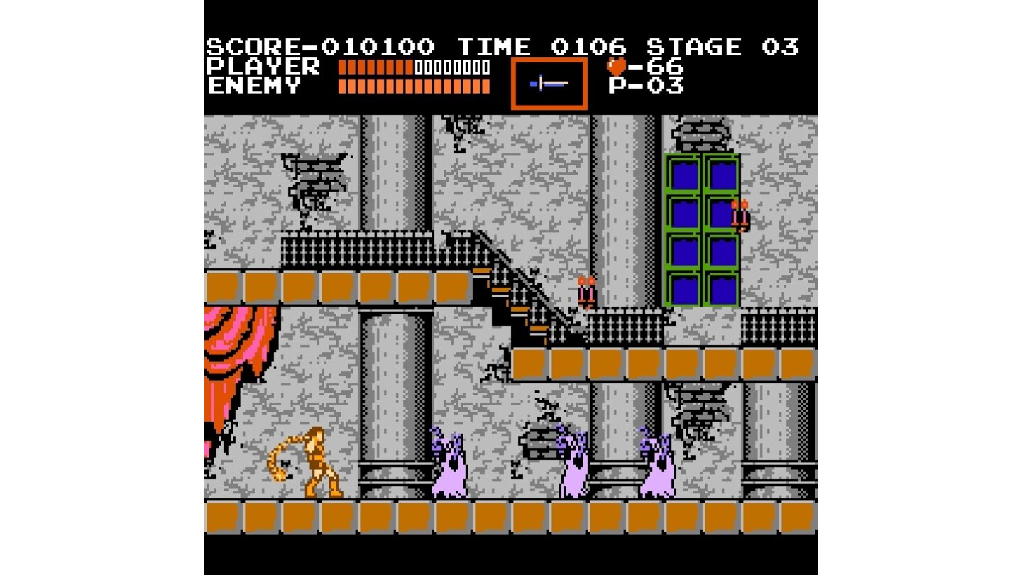Castlevania - NES-ScreenshotsKaum betritt der Held das Schloss, wanken ihm durchgeknallte alte Geister-Schachteln entgegen. Die Peitsche des Vampirjägers bettet die monströsen Damen unsanft zur allerletzten Ruhe.