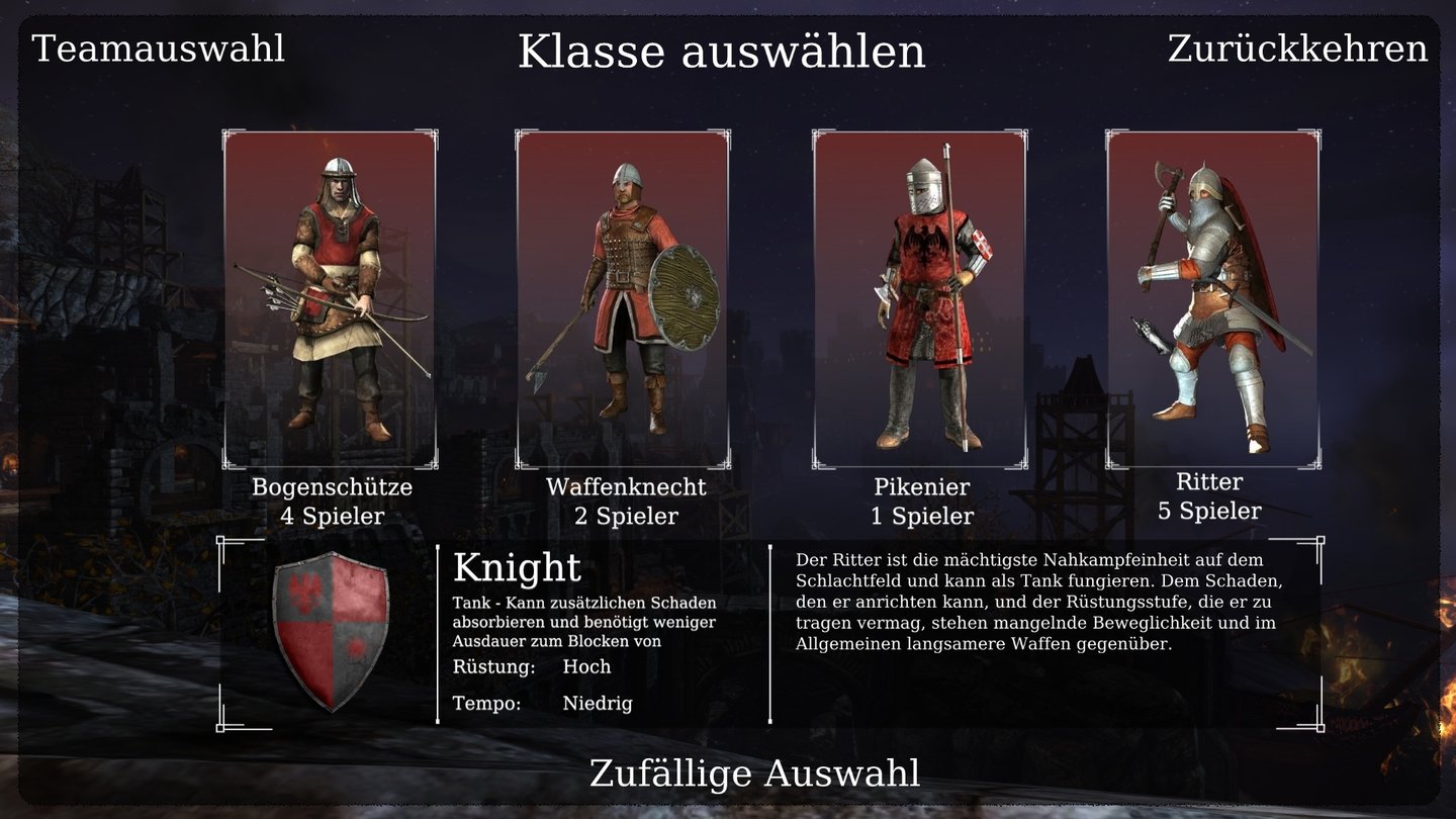 Chivalry: Medieval WarfareJede der vier Klassen Zugriff auf spezielle Waffen und Charaktereigenschaften - Ritter etwa halten viel aus, Pikeniere können aus dem Sprint mächtig austeilen.