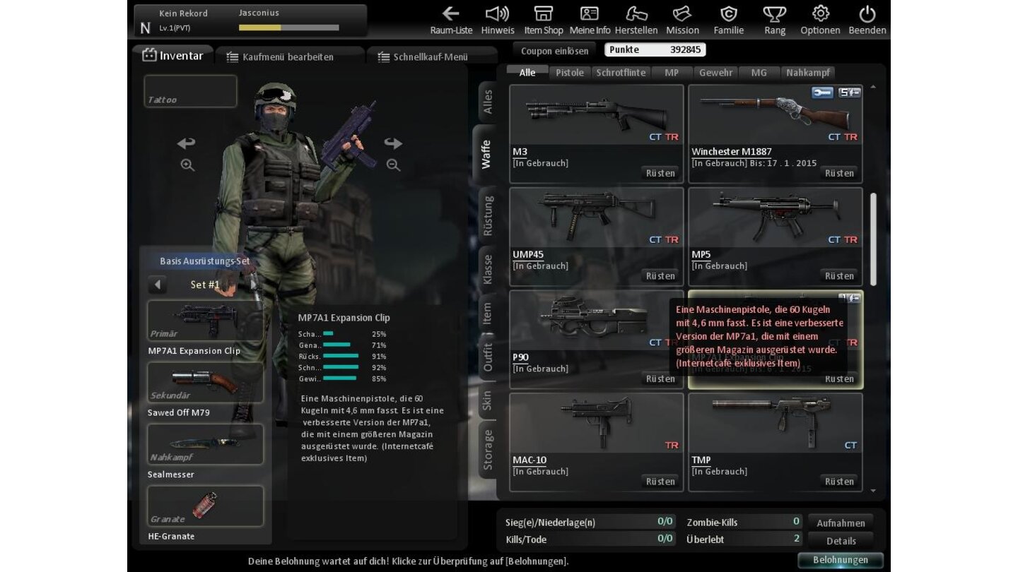 Counter-Strike Nexon: Zombies
Wir dürfen uns im Menü Waffen-Presets bauen, oder aber im Spiel klassisches alles zusammenkaufen. Die Originalwaffen sind dabei das Startarsenal, dazu lassen sich neue Waffen craften.