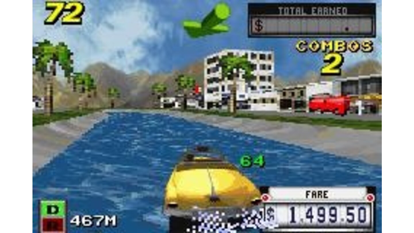 As well as grass, the water will not reduce the cab speed: pass over it without fear!
