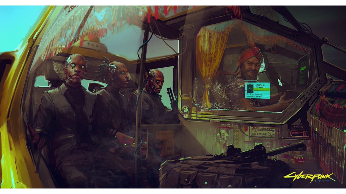 Cyberpunk 2077 ArtworkKlassische Taxis sind auch Anno 2077 noch ein gewohnter Anblick im Stadtbild.