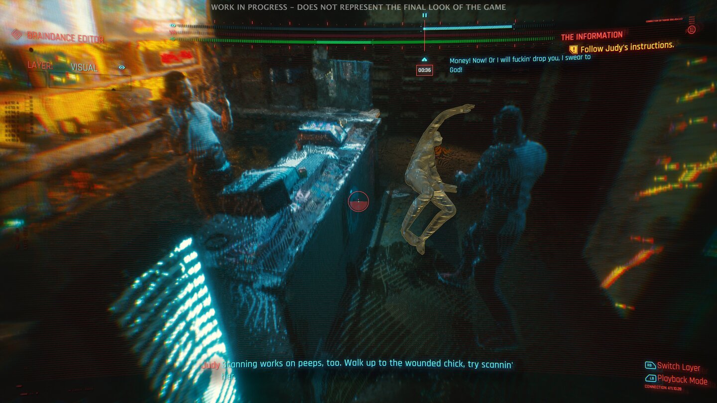 Im Braindance-Editor könnt ihr die Kamera frei bewegen und Personen oder Gegenstände scannen, zum Beispiel die verletzte Kundin am Tresen.