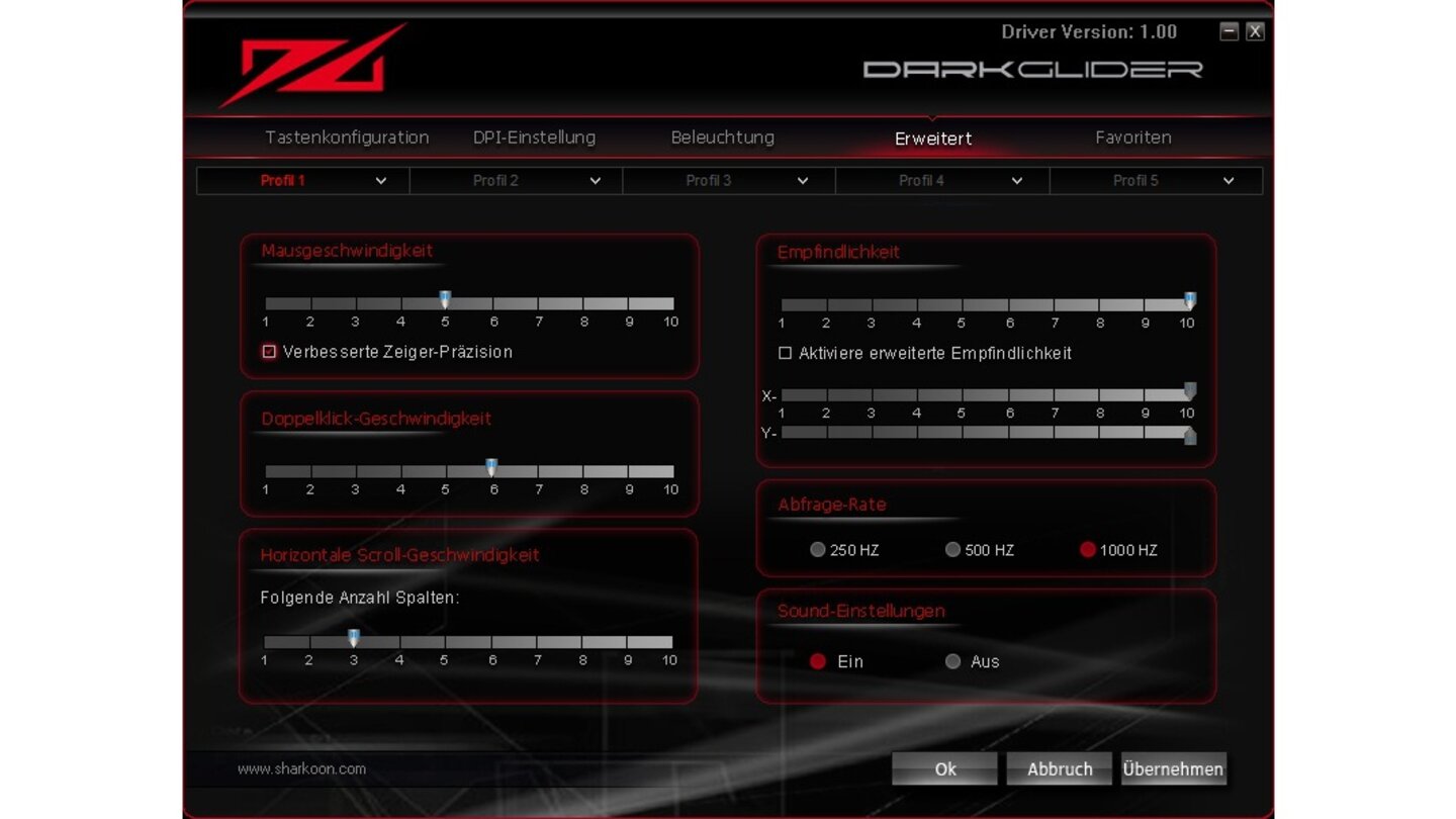 Sharkoon DarkgliderDie »Erweiterterten Einstellungen« erlauben uns, unter anderem Mausgeschwindigkeit und USB-Abtastrate. Bei Gaming-Mäusen mittlerweile üblich: Wir dürfen die X- und Y-Empfindlichkeit unabhängig voneinander einstellen.