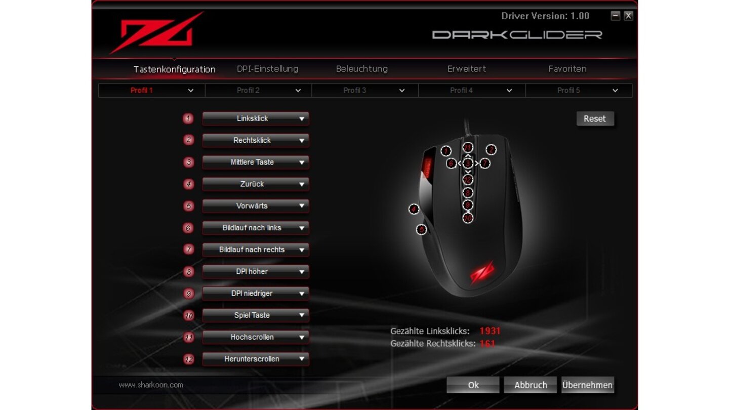 Sharkoon DarkgliderWelche Taste wie belegt ist, definieren wir bequem per Drop-Down-Menü. Falls wir uns mal verzettelt haben, reicht ein Klick auf »Reset«, um wieder die Standardeinstellungen zu laden.