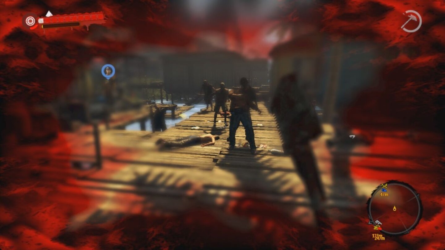 Dead Island: RiptideGefahr! Ist die Energie im kritischen Bereich, erscheint nach Zombieattacken eine rote Umrandung am Bildschirm .
