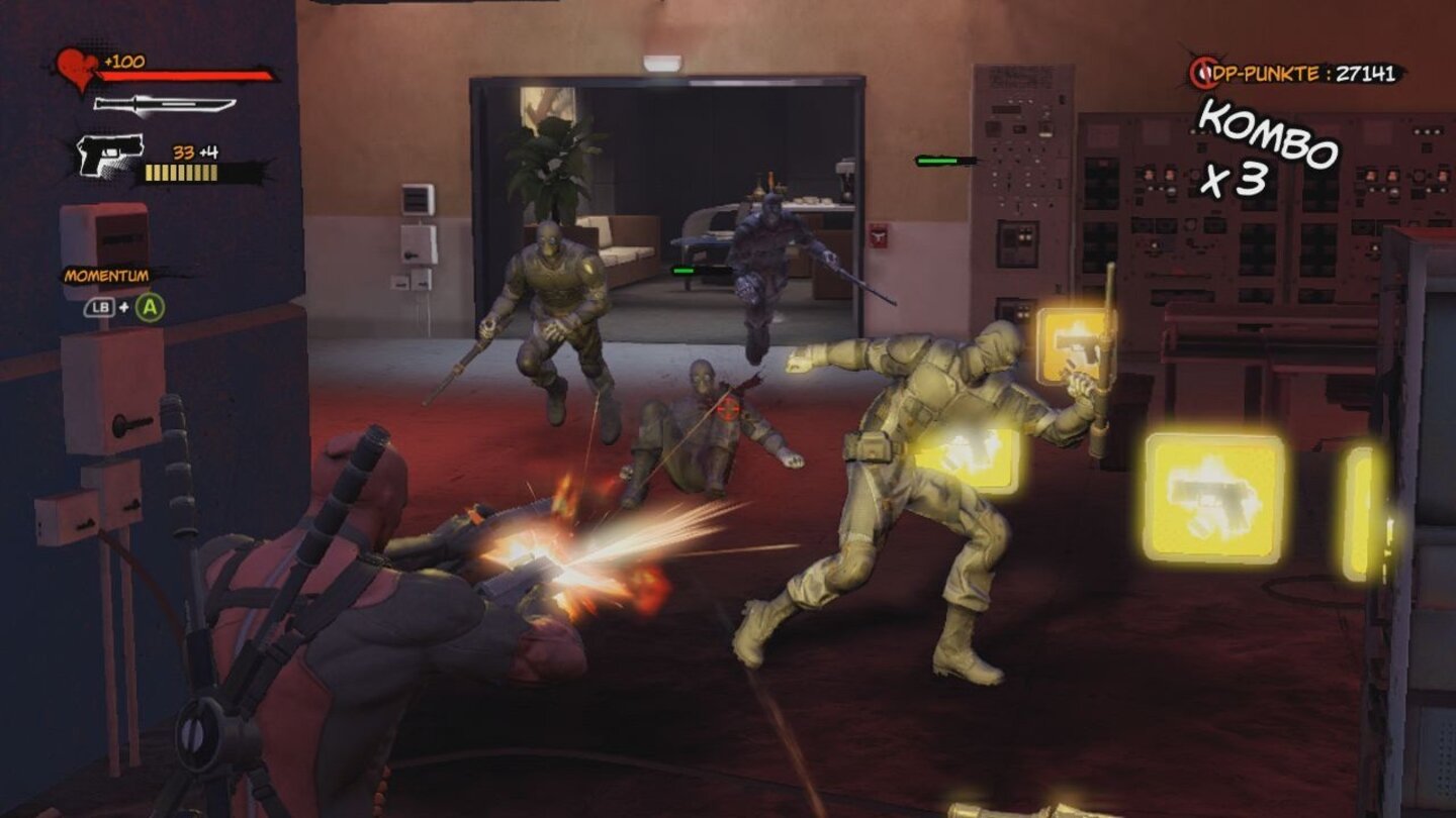 Deadpool (Xbox 360)Die meisten Gegner lassen nach ihrem Ableben gelbe Munitionsplättchen fallen - um Nachschub muss man sich also keine Sorgen machen.