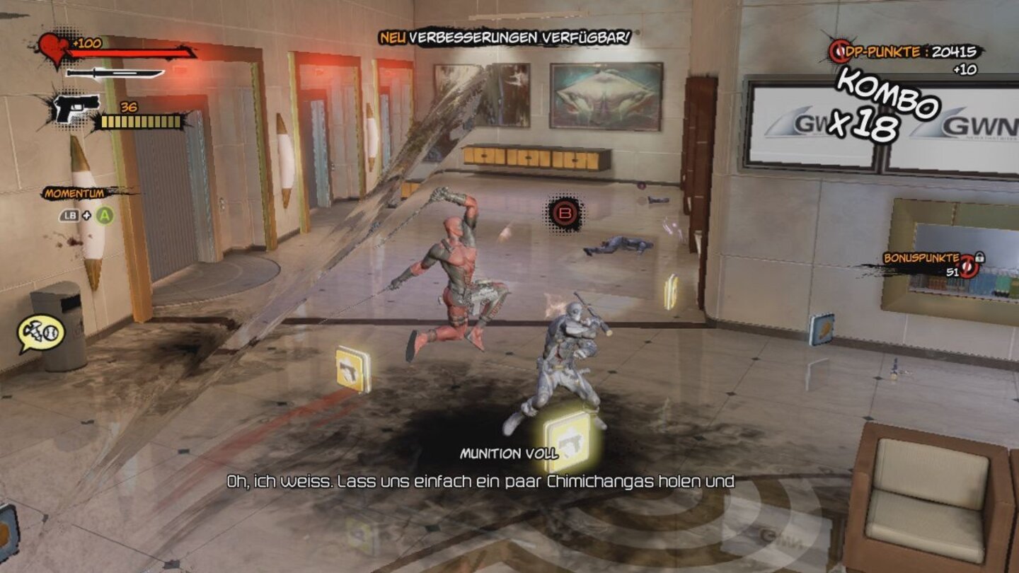 Deadpool (Xbox 360)Die Gegnerhorden bekämpft Deadpool standardmäßig mit einem paar Pistolen und seinen beiden Schwertern.