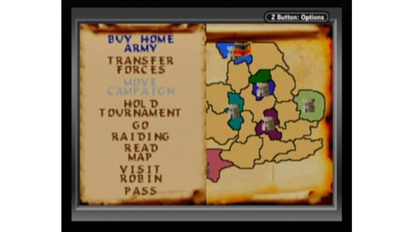 A map on England (right) and a main in-game menu (left).