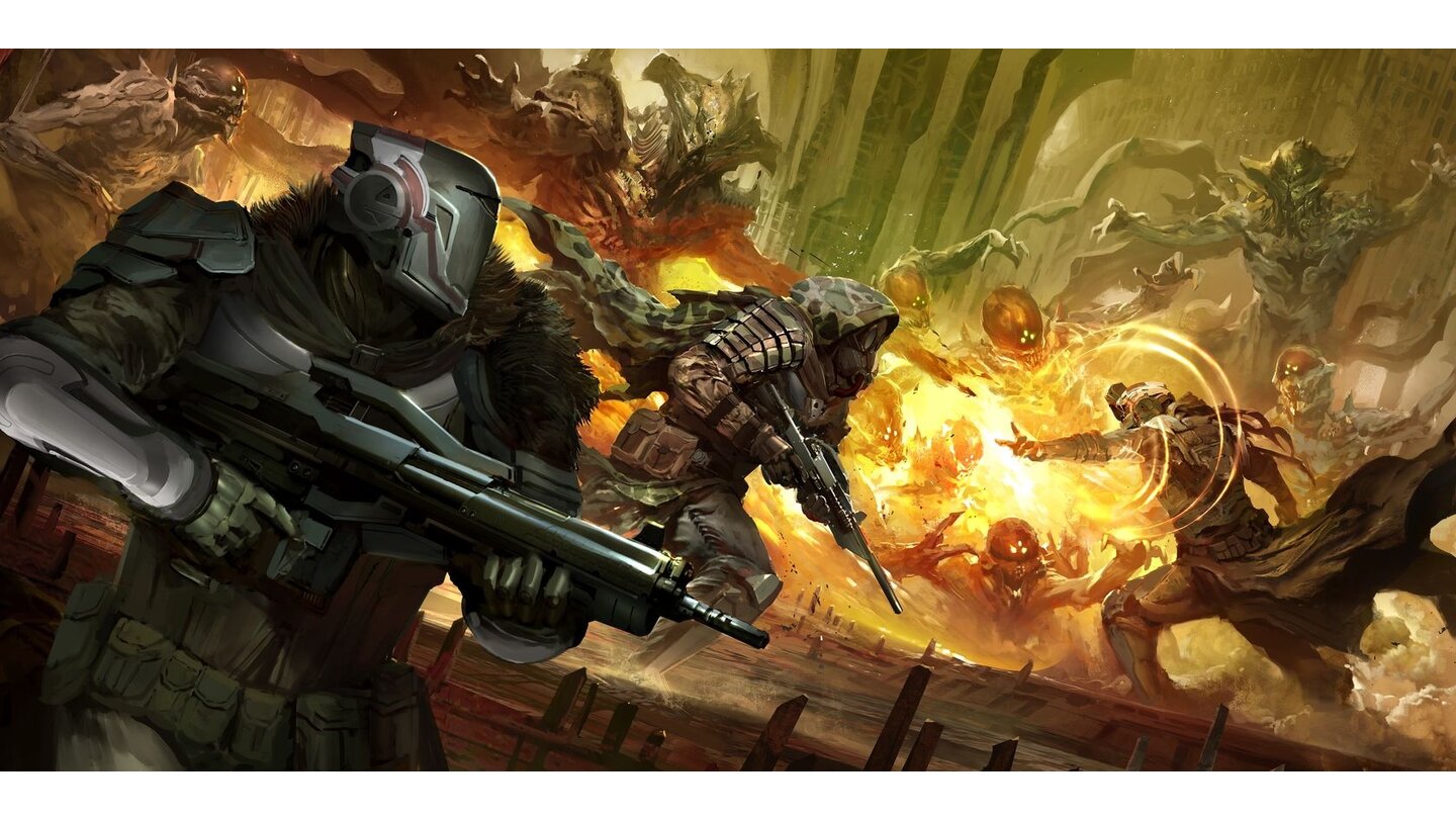 DestinyEin Fireteam aus Titan, Hunter und Warlock stellt sich in diesem Artwork einer Einheit von Fallen-Soldaten.