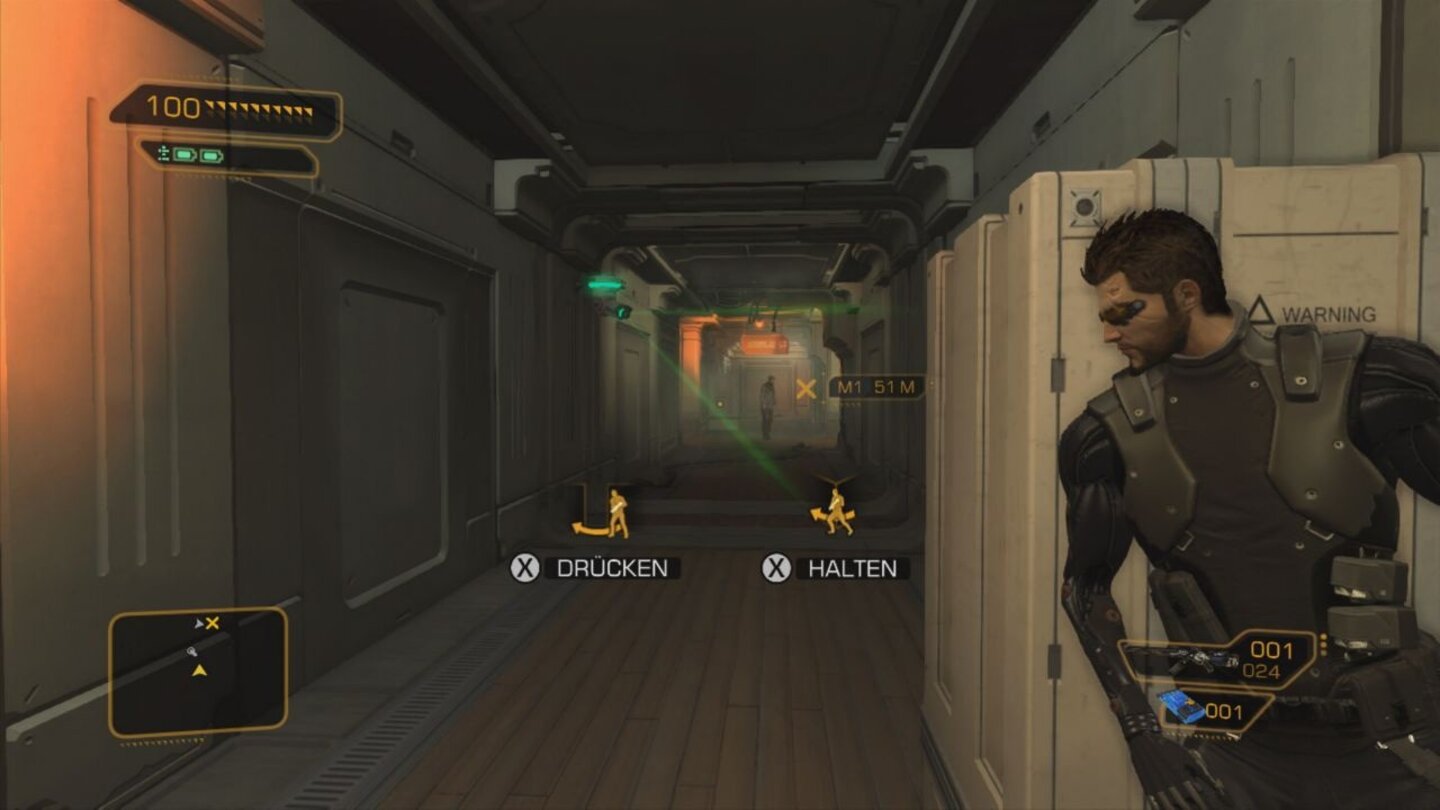 Deus Ex: Human Revolution - Director's Cut (Wii U)Der Kamera mit ihrem grünen Suchradius können wir entweder ausweichen oder hacken und ausschalten.