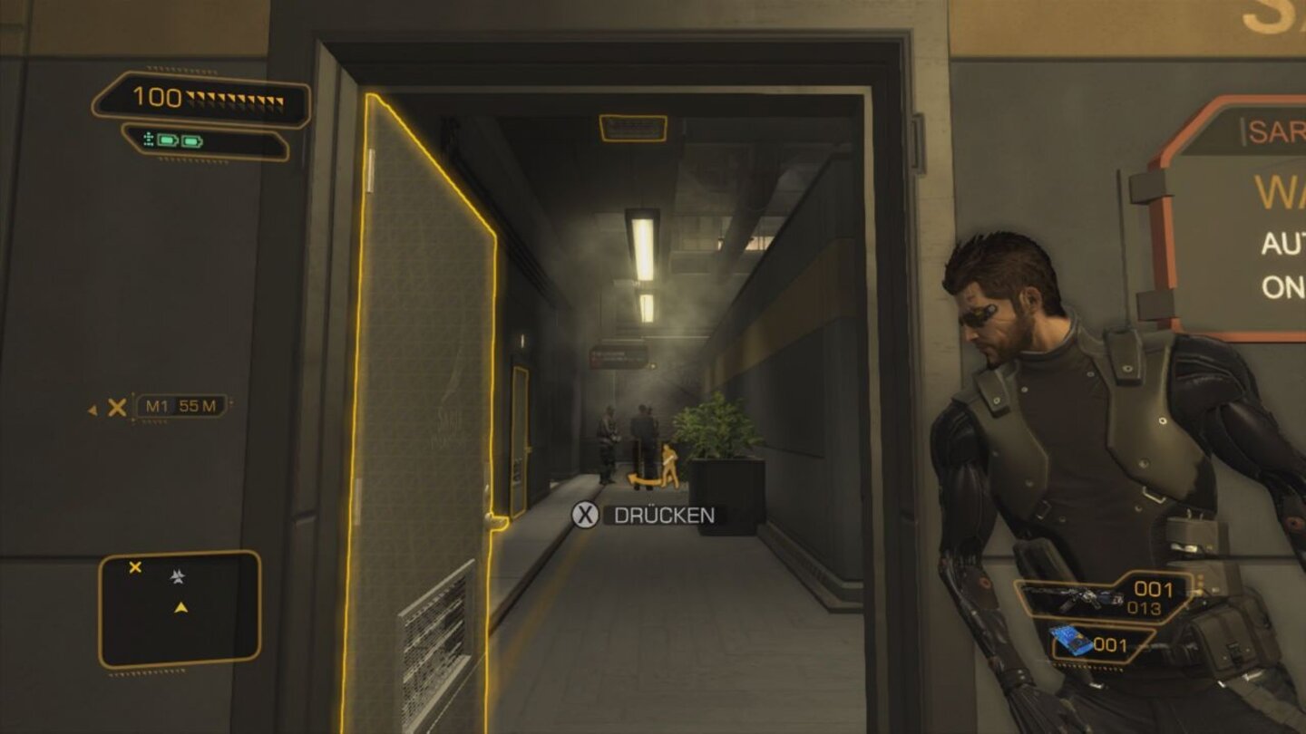 Deus Ex: Human Revolution - Director's Cut (Wii U)Im Hintergrund palavern unsere Gegner, davor kann man den erhöhten Einsatz von Partikeleffekten in Form von Dampfschwaden erkennen.