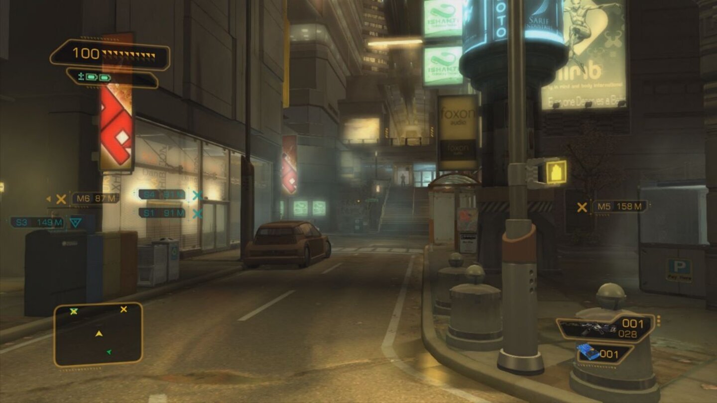 Deus Ex: Human Revolution - Director's Cut (Wii U)In den größeren Arealen, wie etwa Detroit, können wir uns mit gelben Markierungen Haupt-, mit blauen Nebenziele anzeigen lassen.