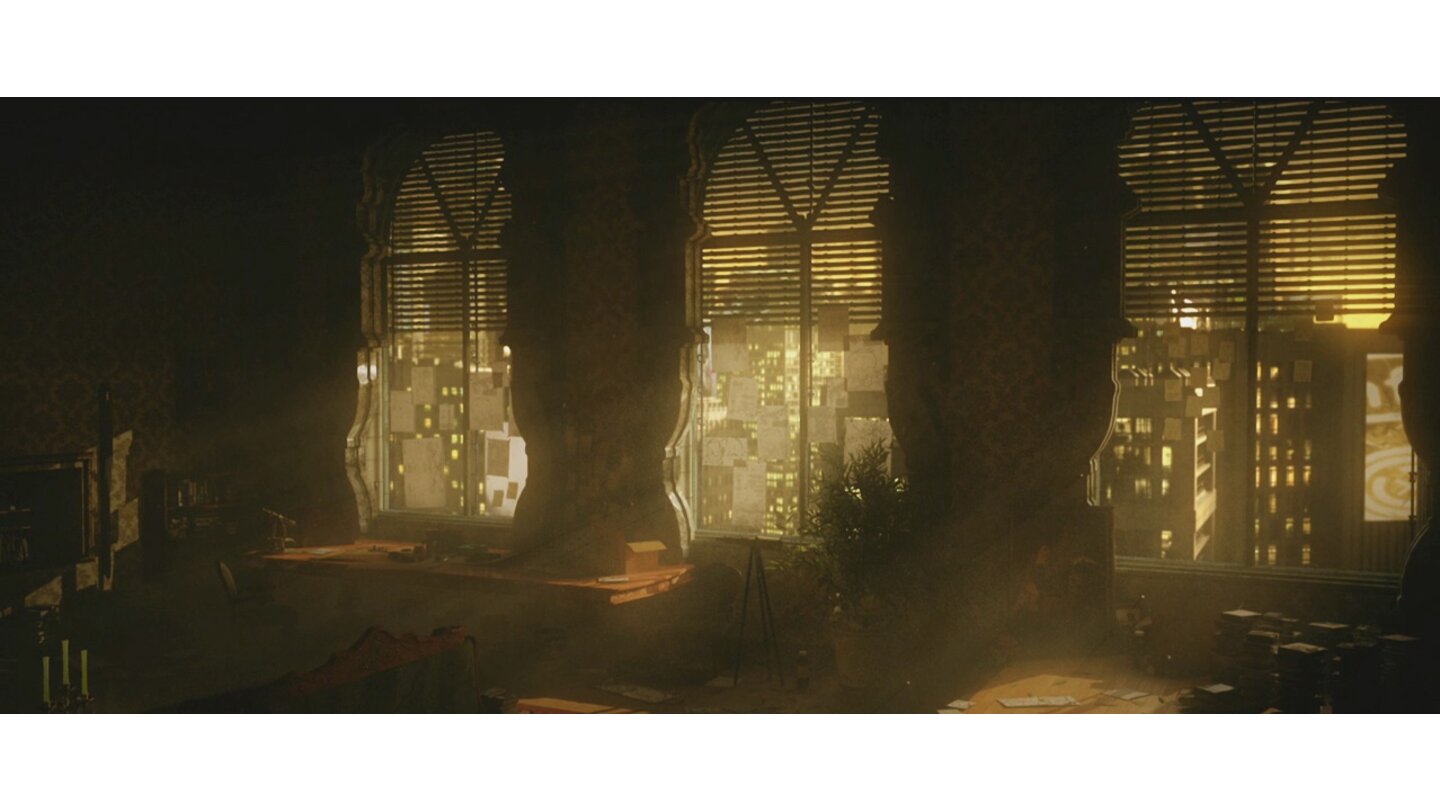 [11] Diese Szene zeigt Adam Jensens Apartment, gut zu erkennen am Sofa. Im Spiel wird das Apartment ein Ruhepunkt sein, in dem Sie durch die Einrichtung viel über den Hintergrund des Helden erfahren.