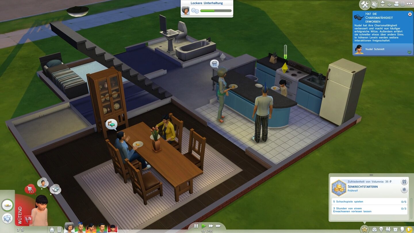 Die Sims 4 - Screenshots aus der Test-VersionFamilie Schmidt macht sich einen gemütlichen Abend: Mama und Papa plaudern am Esstisch, Oma und Opa bespaßen die Tochter in der Küche.