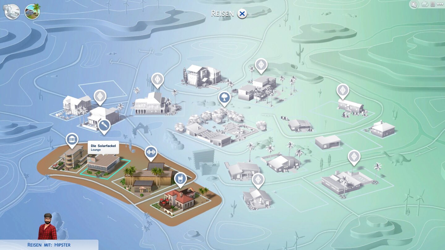 Die Sims 4 - Screenshots aus der Test-VersionZwei Schauplätze gibt es derzeit: das grüne Willow Creak und das sandige Oasis Springs (Bild). Die dürfen wir besuchen, um neue Leute kennenzulernen.