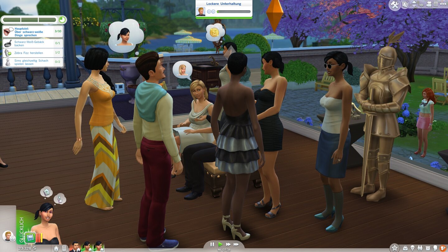 Die Sims 4 - Screenshots aus der Test-VersionBei Partys – hier die Schwarz-Weiß-Variante – können wir Item-Belohnungen verdienen. Vorausplanen lassen sich die Feiern aber nicht mehr.