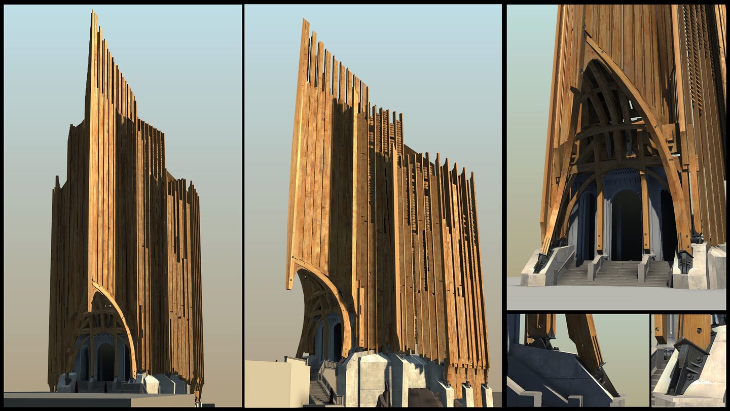 WindbreakerBecause the wind and dust can be so violent that it damages Karnaca’s buildings, we came up with the idea of giving buildings in the Dust District diamond shaped blocks to break the strength of the wind on its surfaces. We then added some wind panels to the edge of these blocks, which is what you can see in this image.