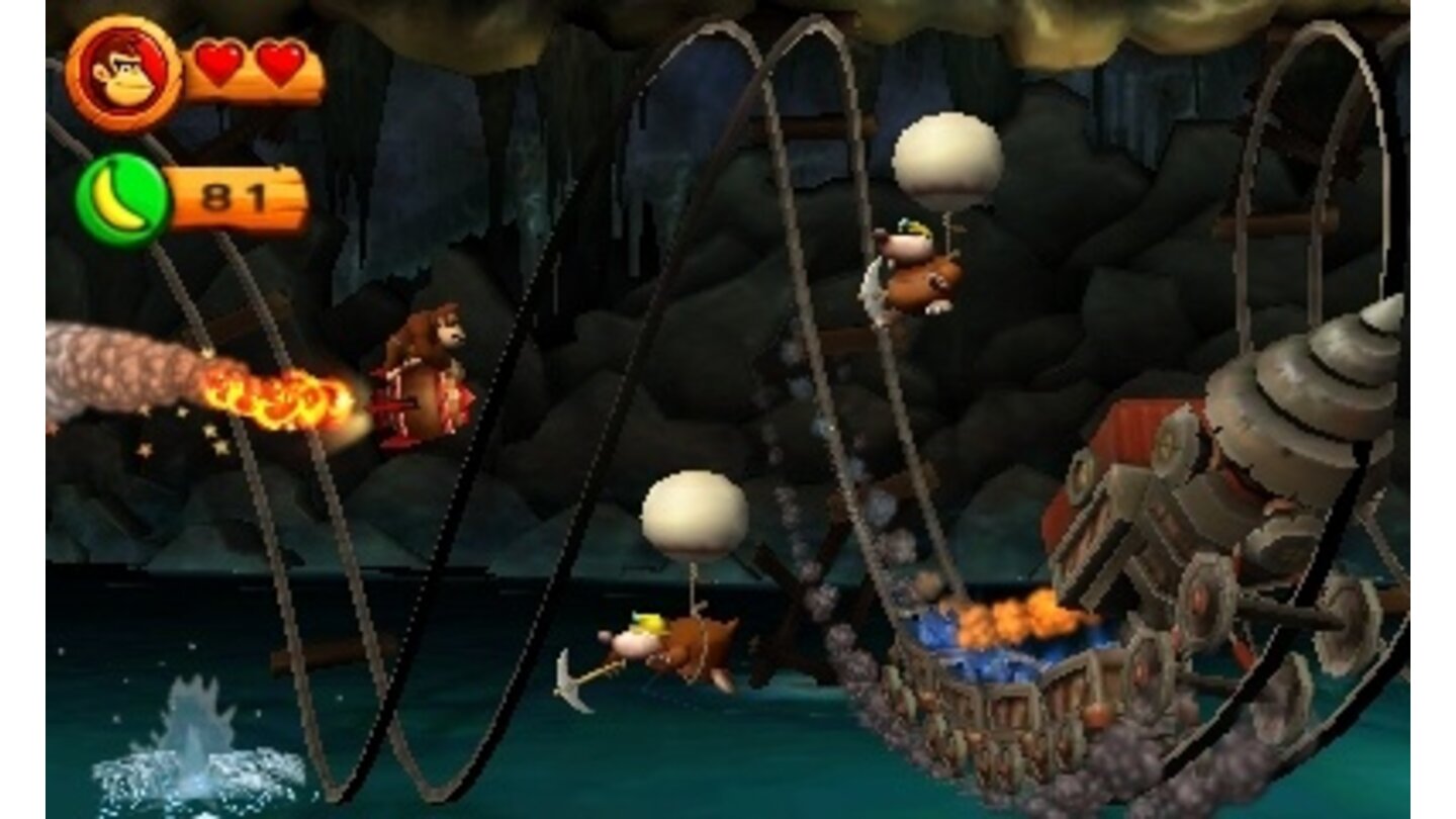 Donkey Kong Country Returns 3DBeim Ritt auf dem Raketenfass ist Geschicklichkeit gefragt. Wer zu ungestüm auf die Tasten hämmert, riskiert einen Zusammenstoß.