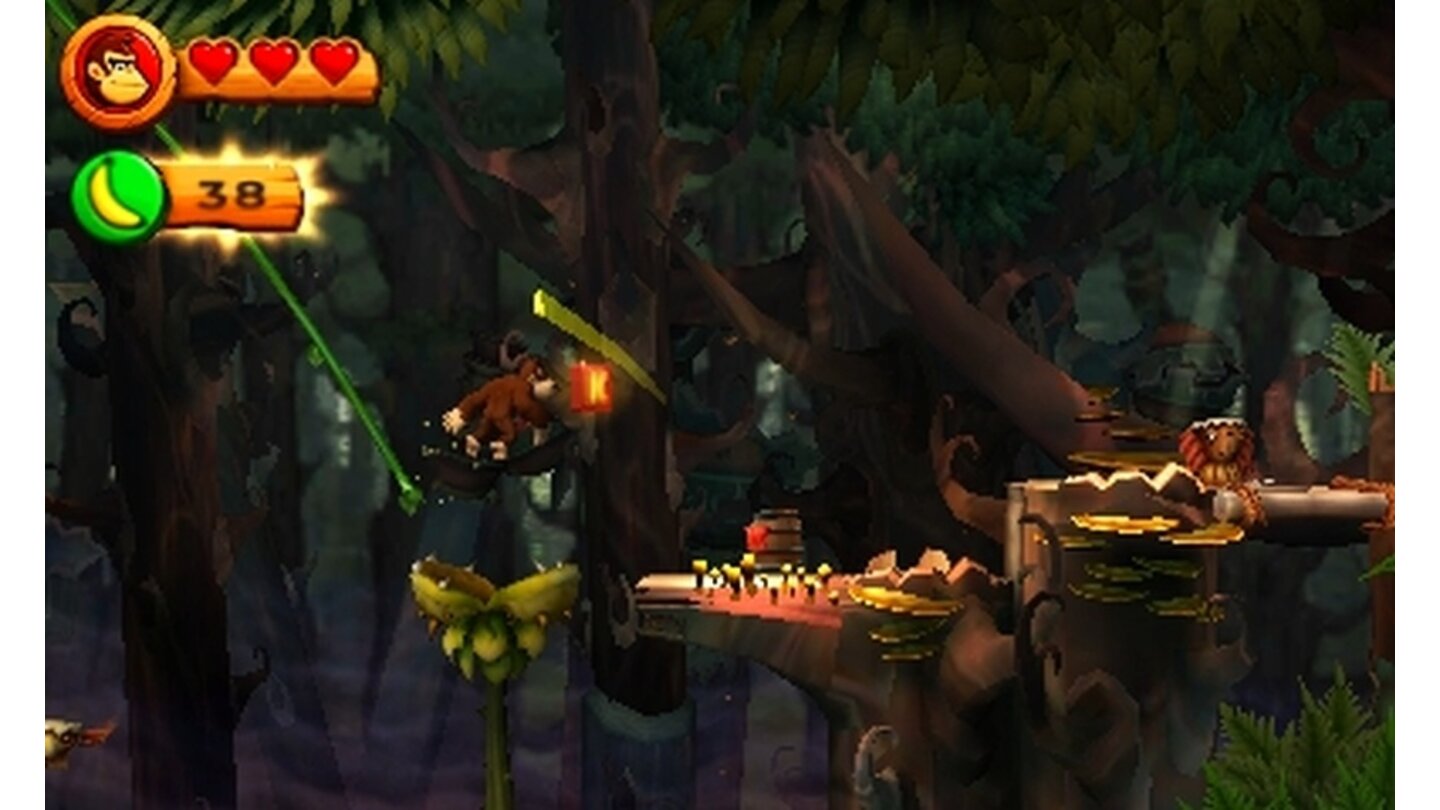 Donkey Kong Country Returns 3DVon Liane zu Liane schwingt sich Donkey Kong über tiefe Abgründe und fleischfressende Pflanzen hinweg.