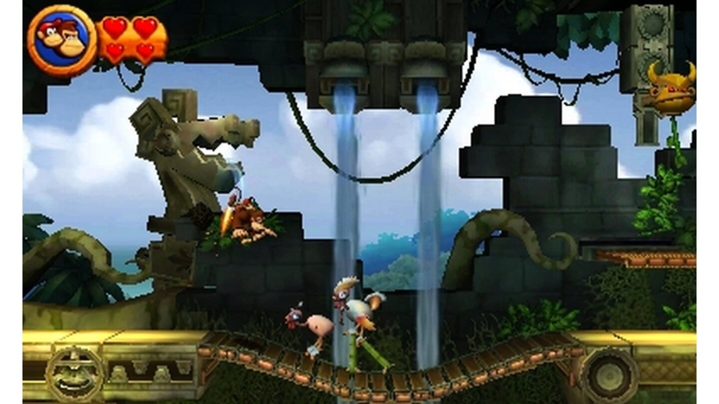 Donkey Kong Country Returns 3DDiddy hat zwei Fässer zu einem Jetpack umfunktioniert und sich auf den Rücken geschnallt. Damit könnt ihr einen kurzen Augenblick in der Luft schweben.