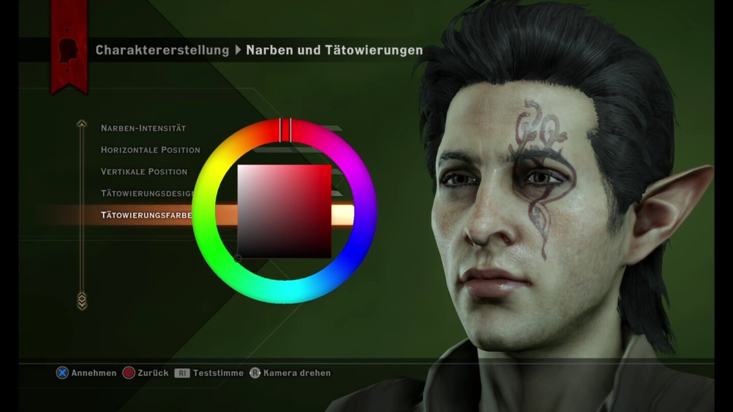 Dragon Age: Inquisition (PS4)Am Aussehen unseres Helden (hier ein Elf) dürfen wir detailliert schrauben, sogar die Farbe seines Tatoos lässt sich einstellen.