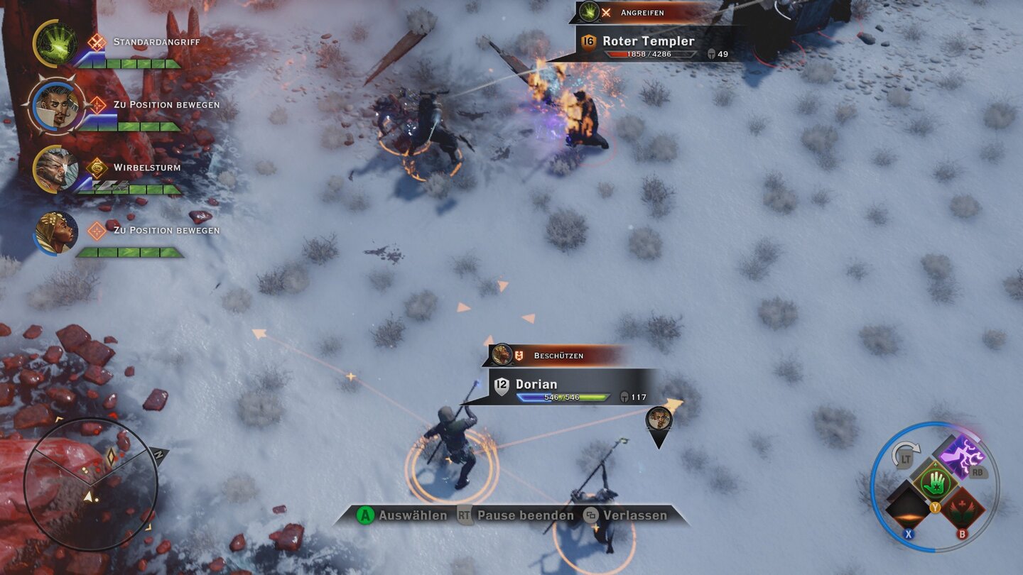 Dragon Age: Inquisition (Xbox One)Der Strategiemodus erlaubt es, die Aktionen der ganzen Gruppe in Ruhe zu koordinieren. Taktischer Tiefgang entfaltet sich jedoch kaum.