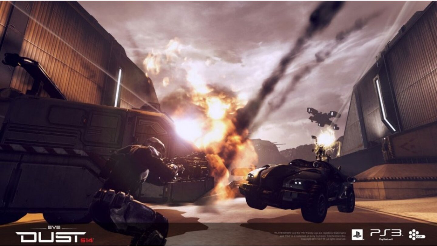 Dust 514Raumschiffe aus Eve Online können während der Dust-Schlachten verbündete Truppen mit Orbitalbombardements unterstützen.
