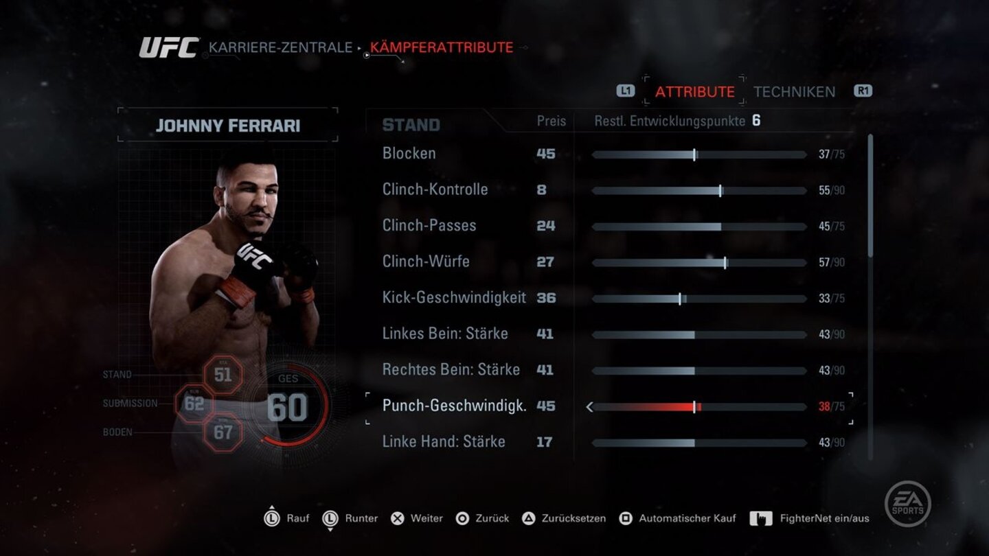 EA Sports UFCMit verdienten Entwicklungspunkten können wir die zahlreichen Attribute unseres Kämpfers verbessern.