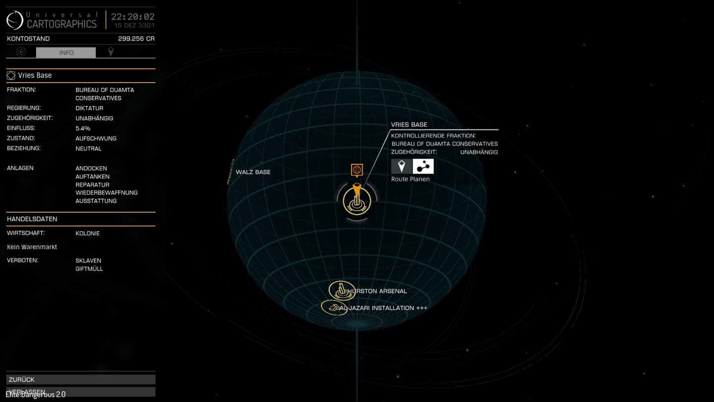Elite Dangerous Horizons: Auf Planeten landenDie Planetenübersicht zeigt die verschiedenen Stationen, auf denen man landen kann.
