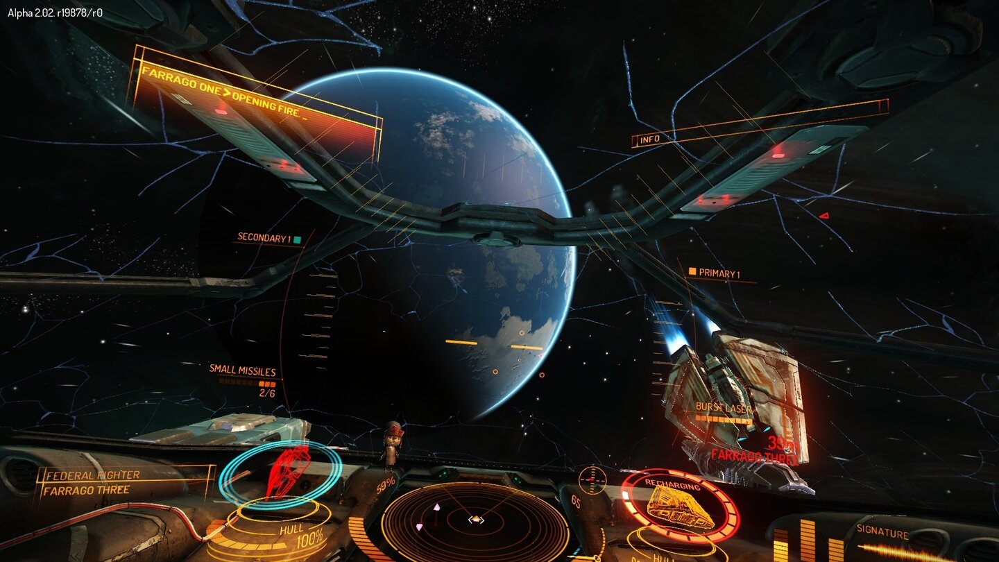 Elite: Dangerous - Screenshots aus der Kickstarter-AlphaDas Zerspringen der Cockpitverglasung wird von einem fiesen Knackgeräusch begleitet – das übertrifft sogar akustische Highlights wie »Zahnarztbohrer« und »Kratzende Fingernägel auf Schultafel«.