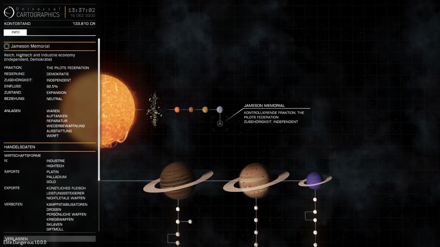 Elite: DangerousDie Systemkarten geben vorab Infos über Politik und Handelsdaten. Nett: In »Founders World« kreist eine Station namens »Jameson« – so hieß der vorgegebene Commander im Ur-Elite.