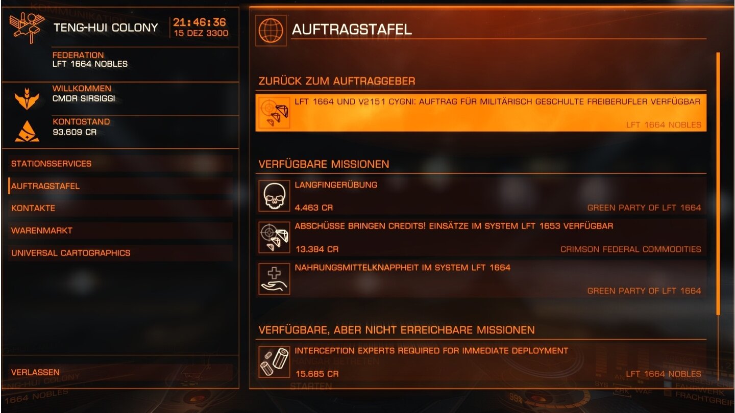 Elite: DangerousAufträge gibt’s in nüchternen Menüs mit Textfenstern.