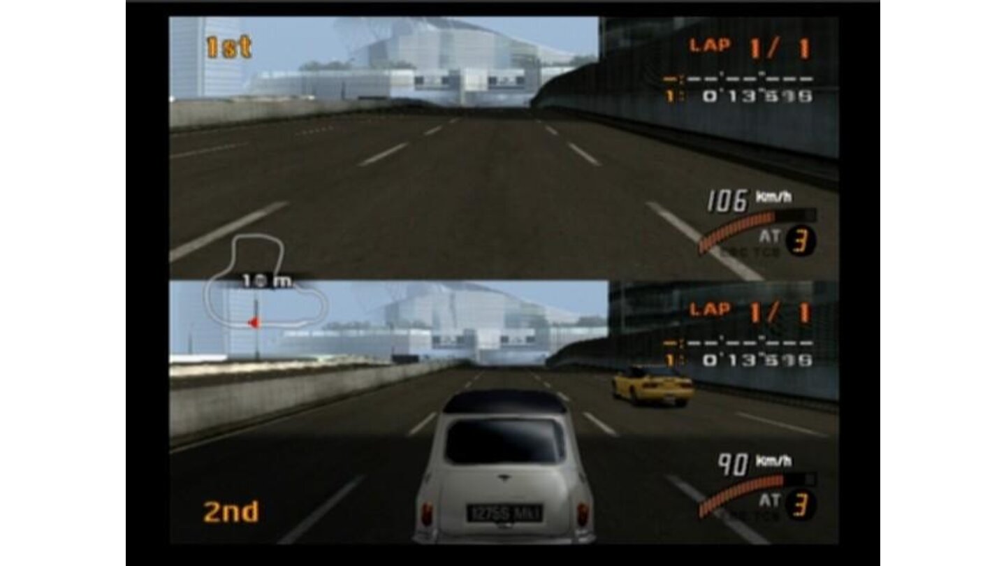 Players can either drive in 1st-person (top) or 3rd-person (bottom)