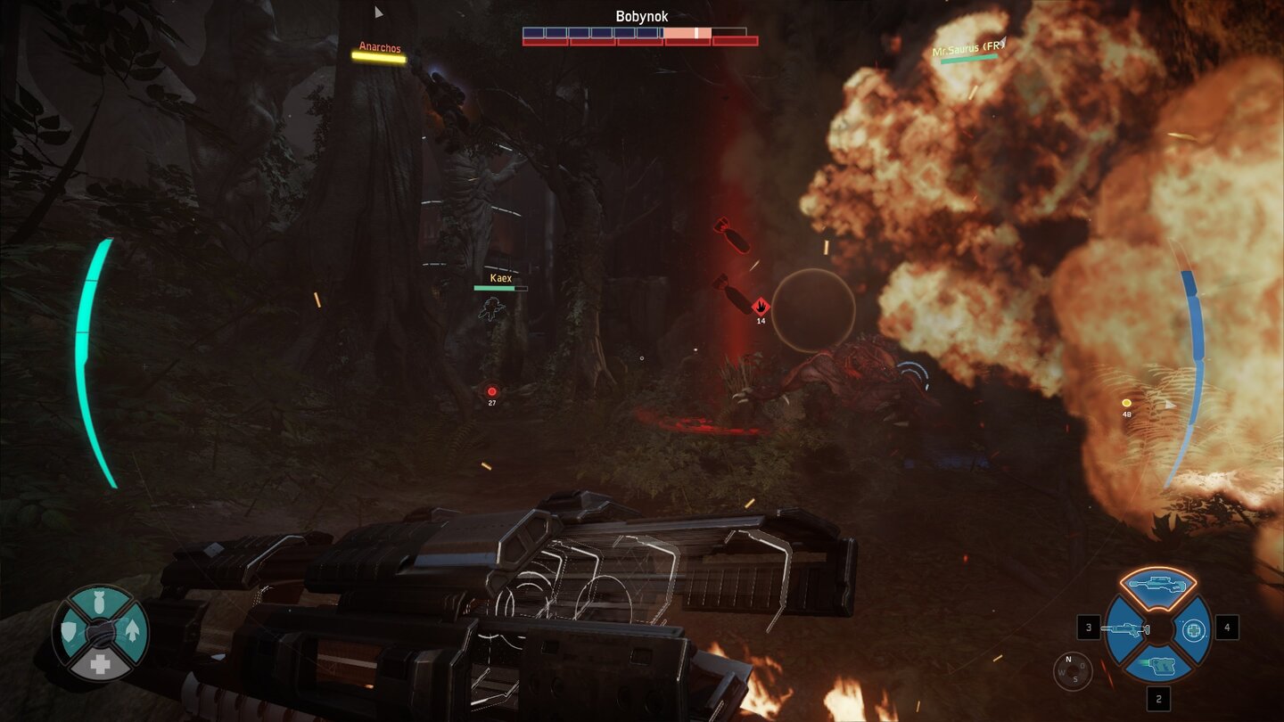 EvolveBekämpfe Feuer mit Feuer. Der Goliath versucht uns zu verbrennen, unser Support löst einen Luftangriff aus.