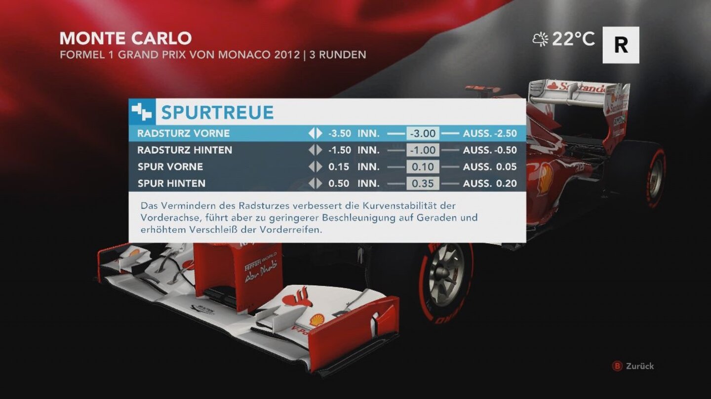 F1 2012 - Screenshots aus der Xbox-VersionIm Tuningmenü passt man seinen Flitzer penibel an die Anforderungen des nächsten Rennens an.